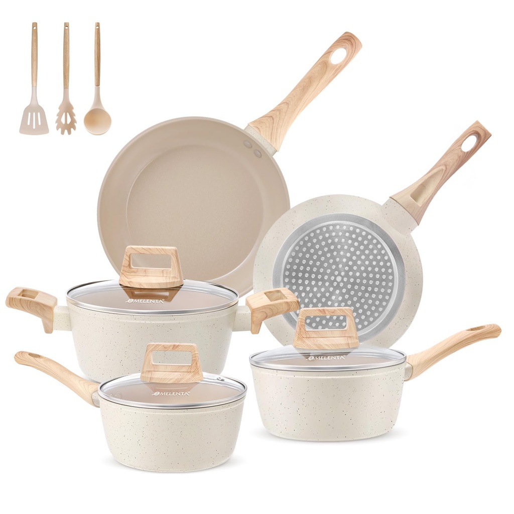 M MELENTA Pots and Pans Set Non Stick, 11 Piece Die-Cast Induction Hob Pan Set, Ceramic Cookware Set