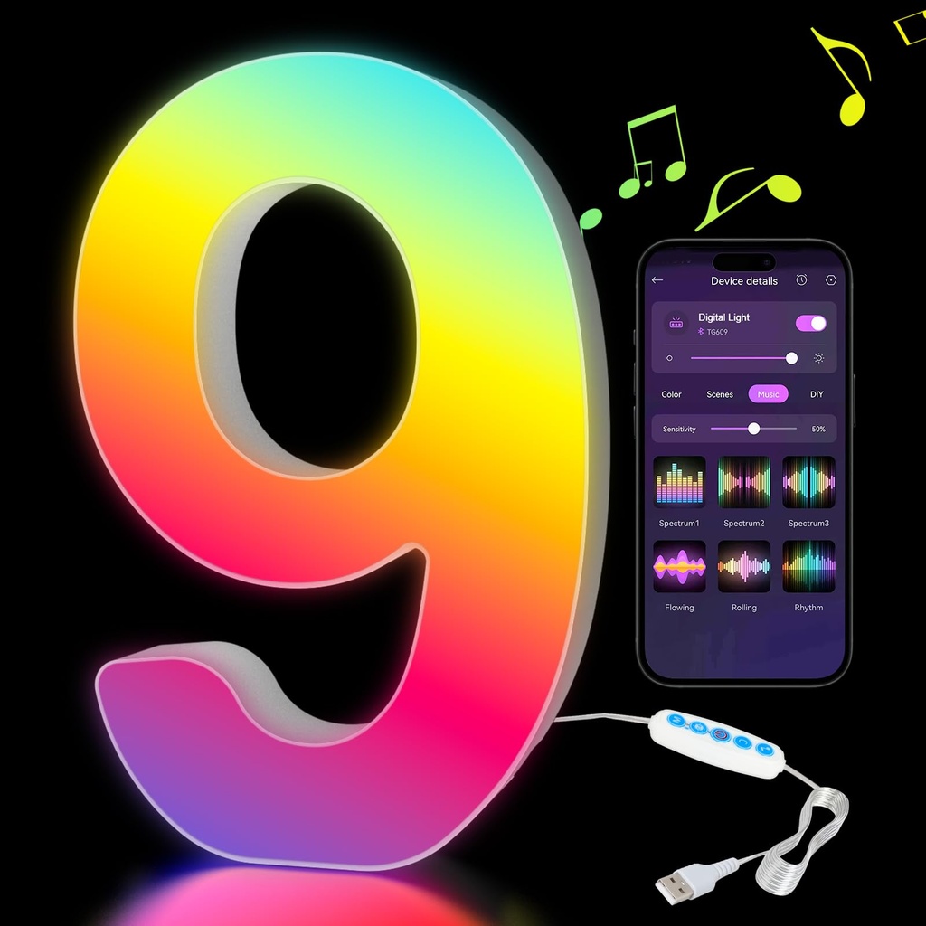 Kangtaixin LED Number Lights RGB Color Changing, Light Up Marquee 0-9 Digits Lights Sign 