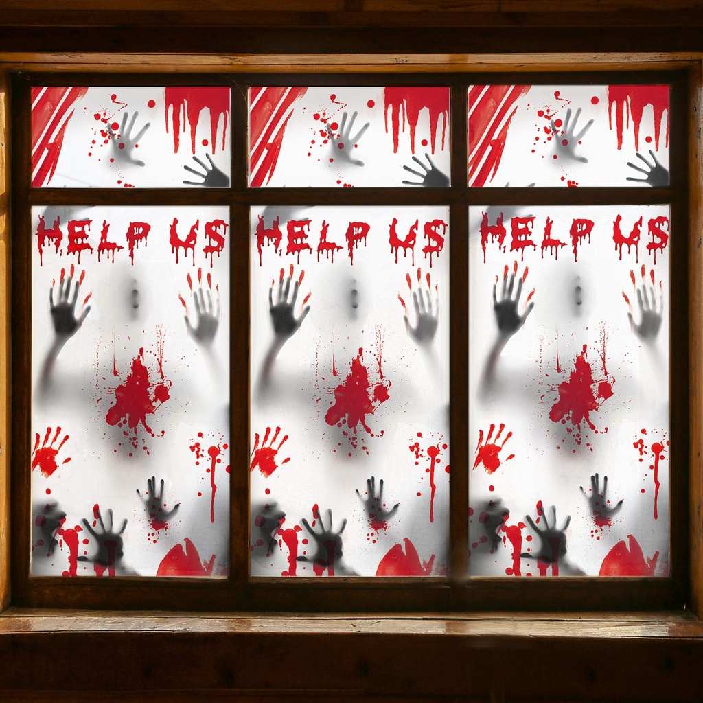 Halloween Window Decorations Zombie Posters - 3 Pcs Giant Bloody Handprints Zombie Silhouet