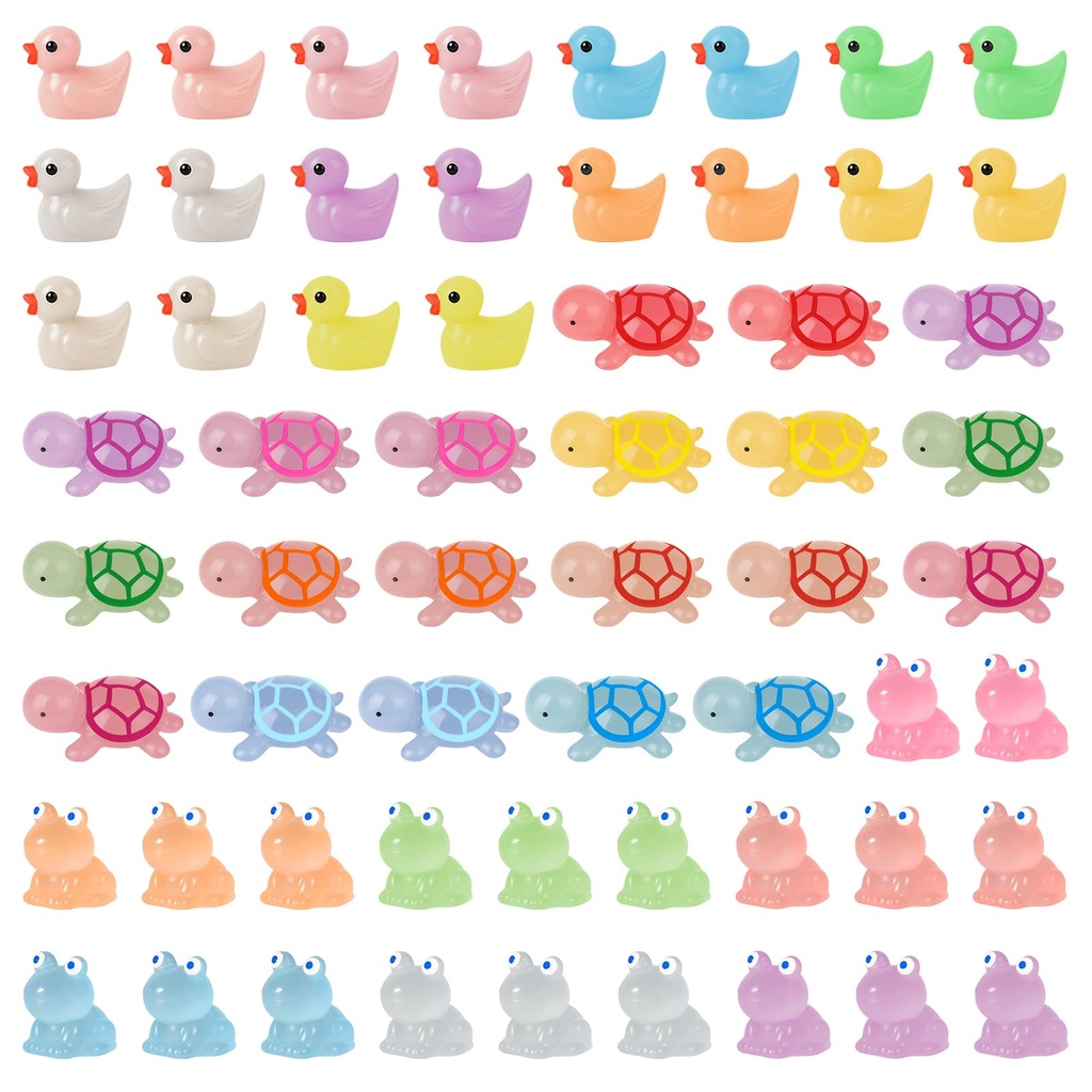 Juibao 60Pcs Pond Mini Resin Animals, Glow in The Dark Tiny Ducks Turtles Frogs Resin Figur