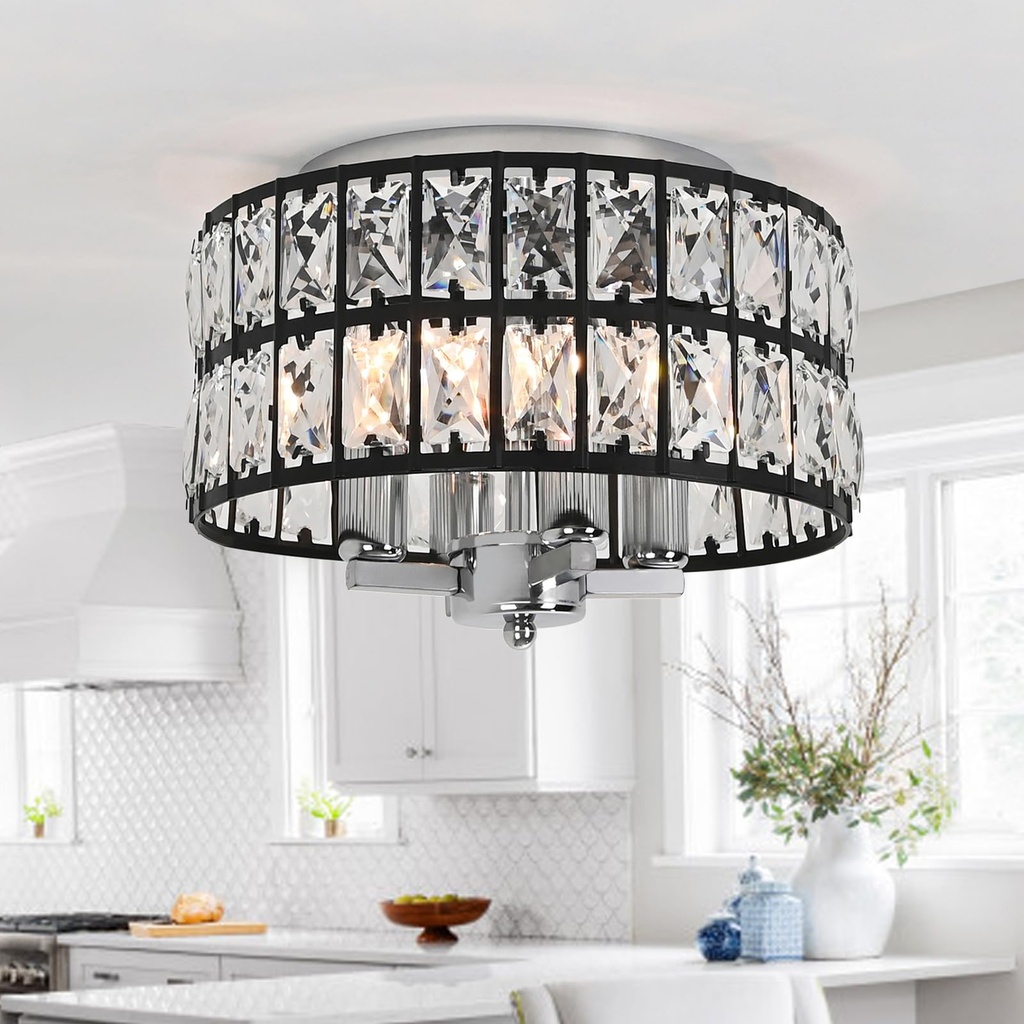JHLBYL Modern Crystal Ceiling Light, Black and Silver Chandelier, Chrome Metal Ceiling Lamp