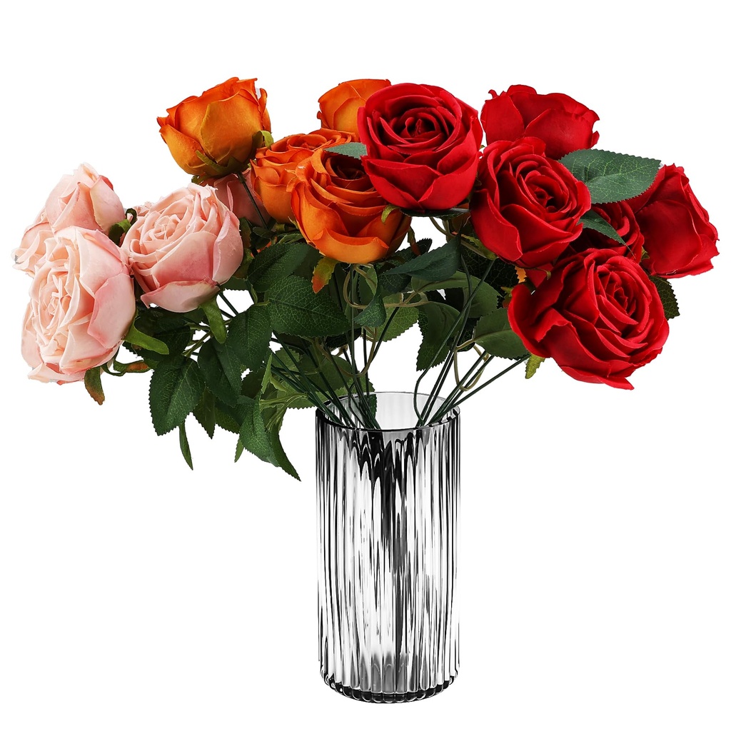 Premium Thickened Gray Glass Vase - Ribbed Glass Flower Vase for Rustic Home Decor, Decoration