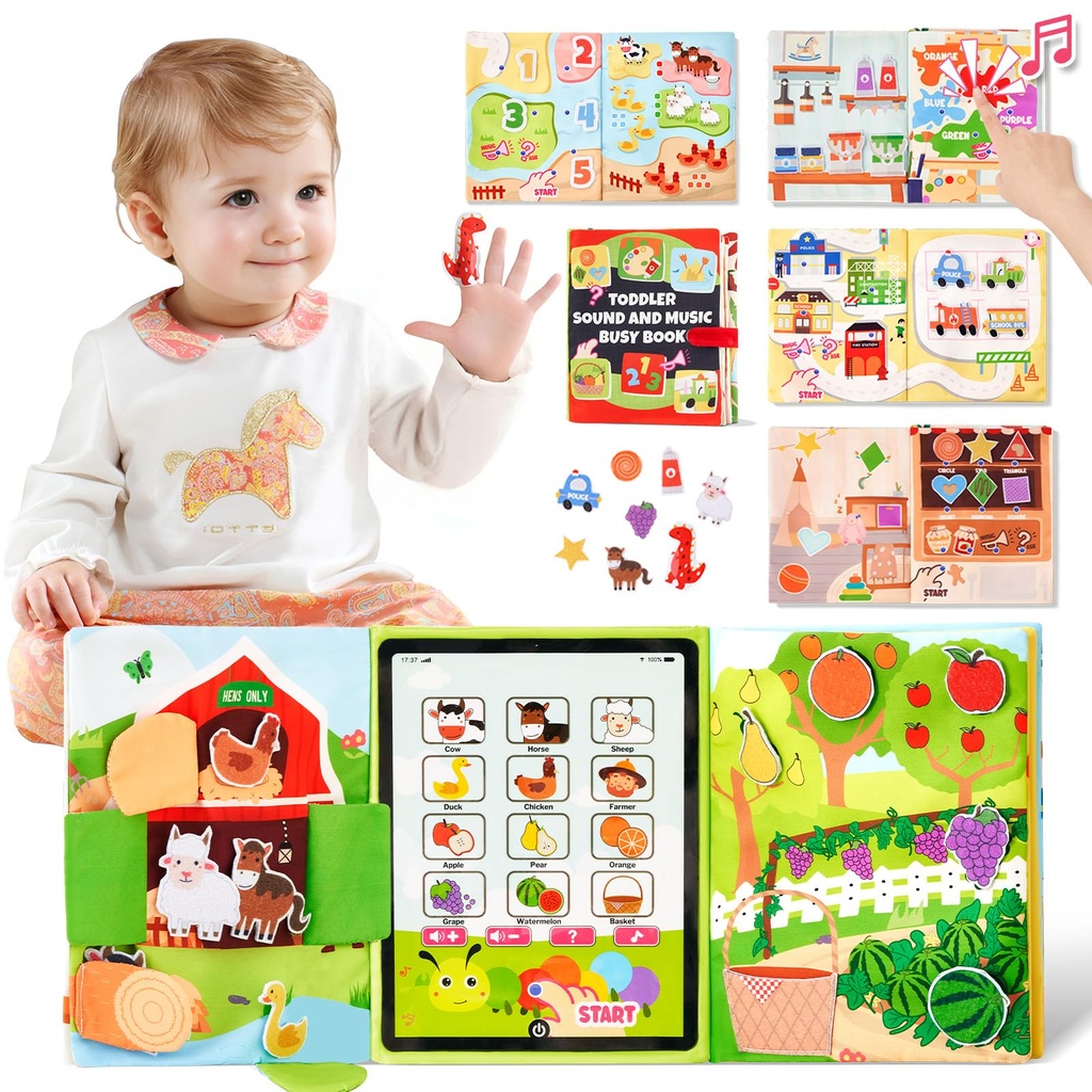 Giant bean Busy Book for Toddlers 1-4, Montessori Toy with Sound Panel for 1 Year Old, Toddler
