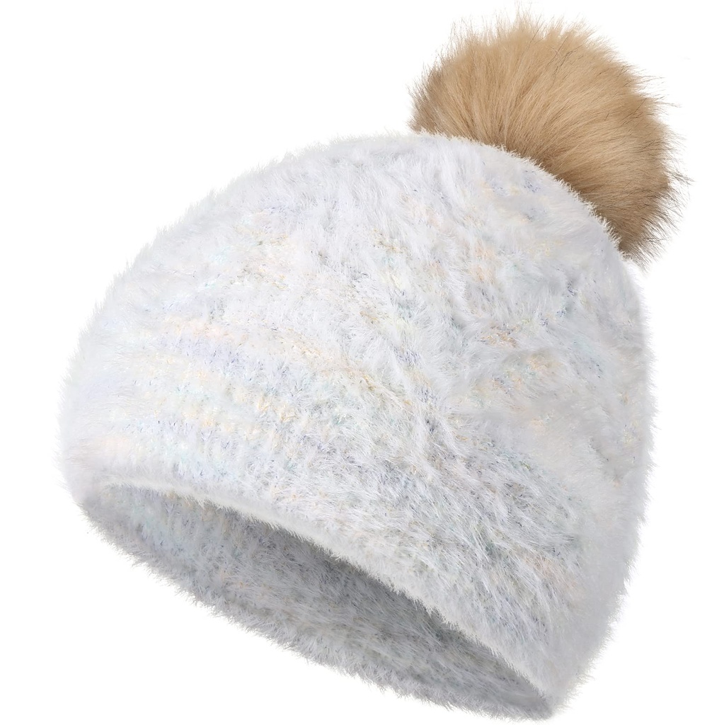 Achiou Winter Slouchy Women Pom Beanie Hat, Girls Warm Faux Fur Pompom Knit Ski Hat, Thick