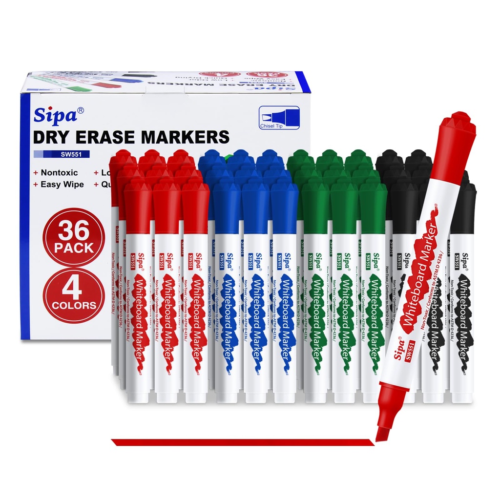 Sipa Whiteboard Markers Pens, 36 Bulk Dry Wipe Chisel Tip Erasable White Board Markers Pens