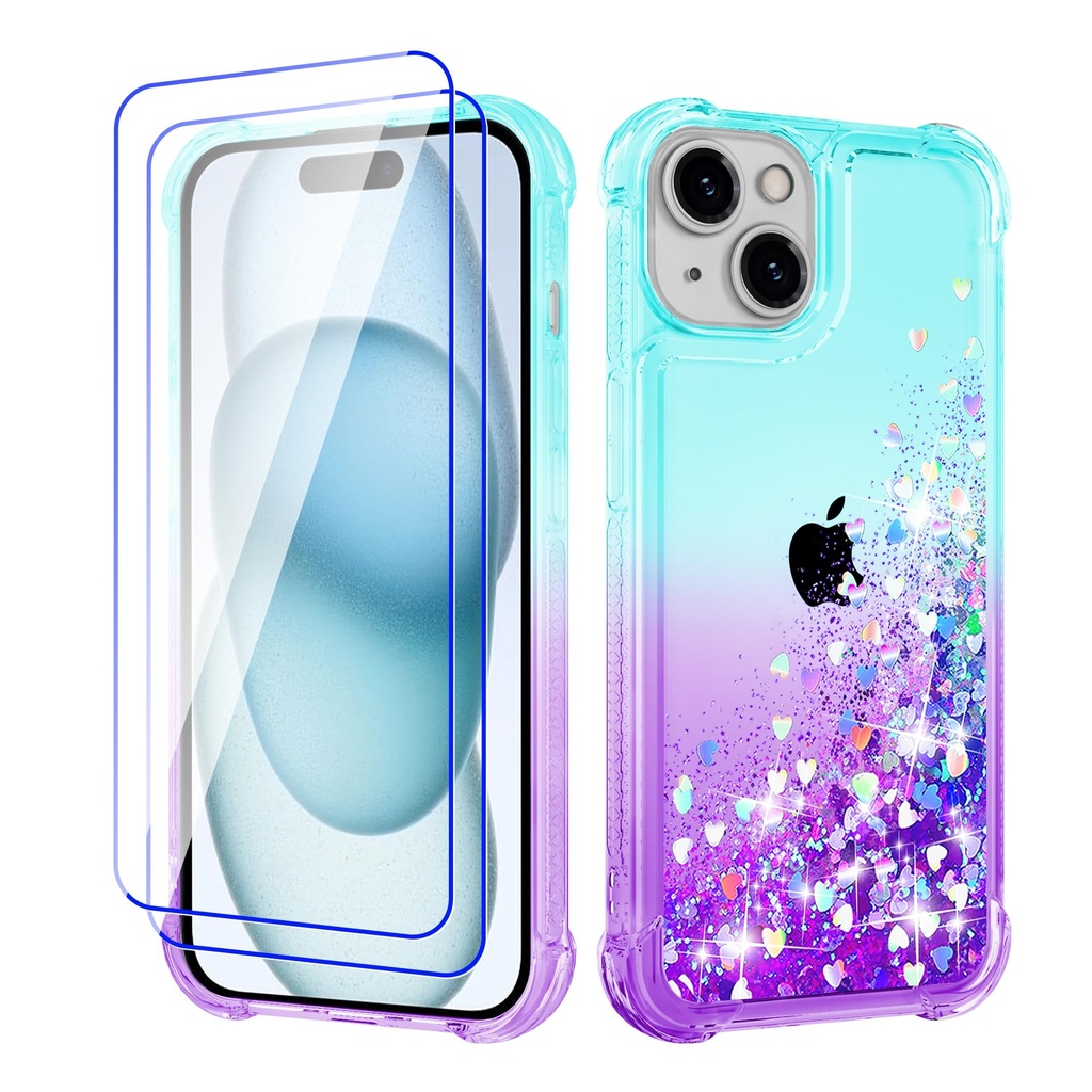 Pilaru Lovely for iPhone 15 Plus Case[2 Screen Protector] Clear Liquid Heart Glitter Soft T