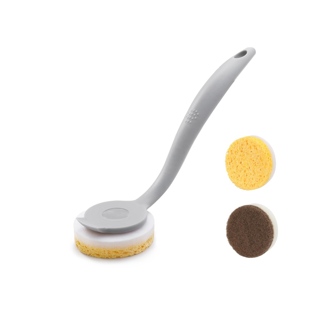 DrDirt Dish Brush with Handle Ã¢Â€Â“ 2 Wood Pulp Cotton Dish Sponges & 1 Non-Scratch Scoure