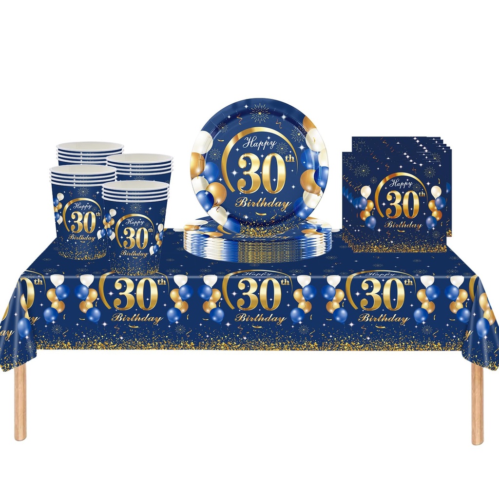 53Pcs Navy Blue Happy 30th Birthday Party Tableware Plastic Table Cloth,Paper Plates,Napkin
