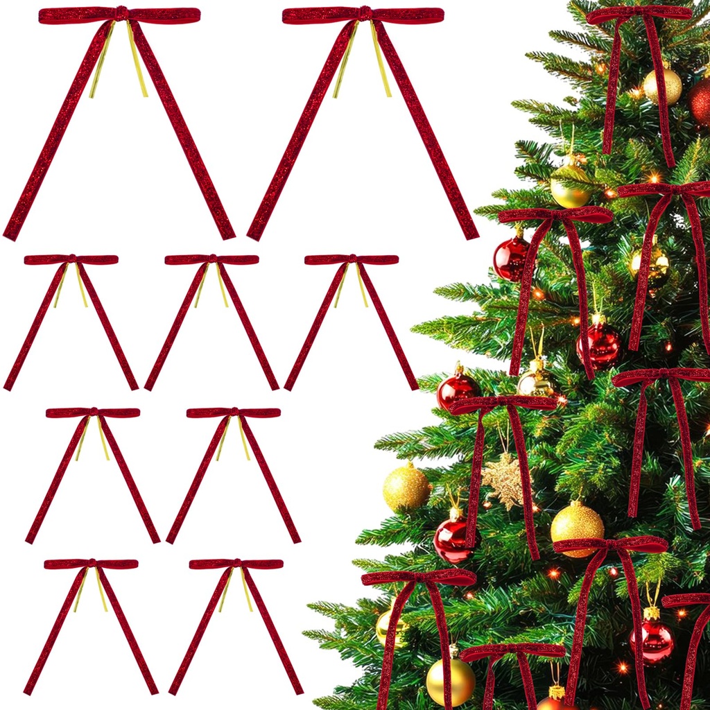 LYINUR 24 Pcs Red Bows for Christmas Tree, Glitter Xmas Tree Bows, Red Gift Ribbon Bow Orna