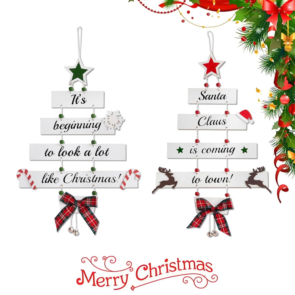 Wooden Christmas Decoration, 2 Pcs Christmas Handing Decorations with Bell, Xmas Door Decor