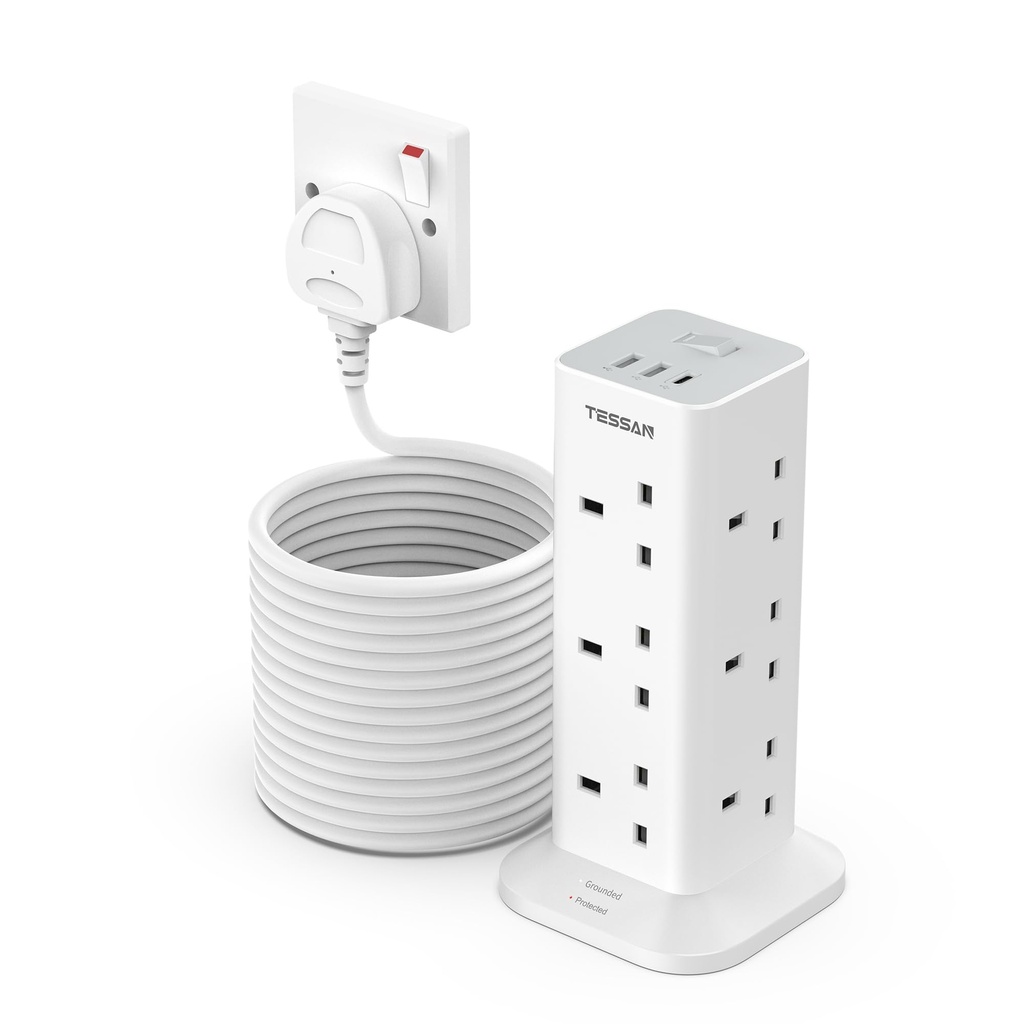 Tower Extension Lead 10M with 3 USB Slots, TESSAN 12 Way Multi Plug Extension Sockets with