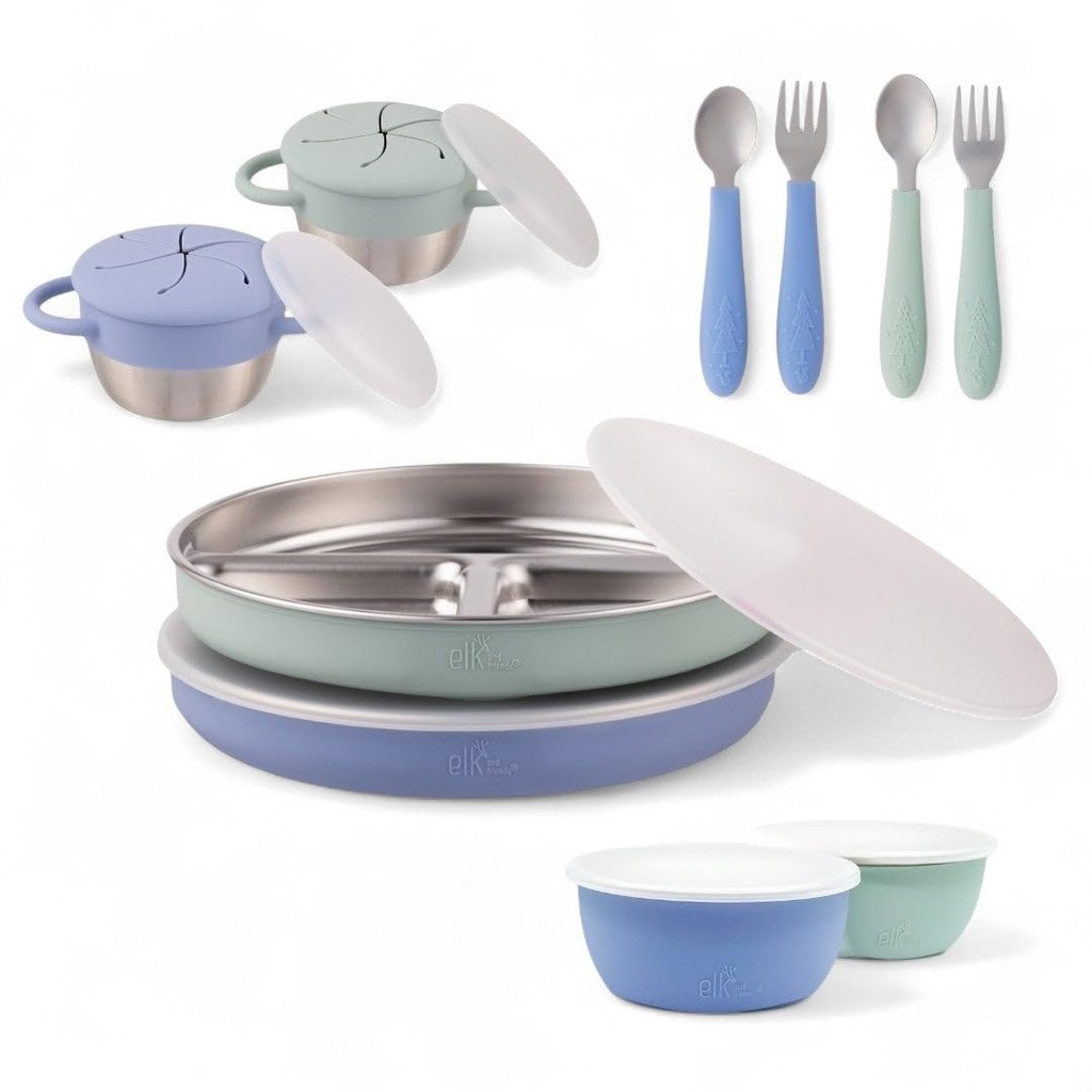Elk and Friends Kids Stainless Steel Mealtime Bundle | Plates, Bowls, Snack Cups + Toddler