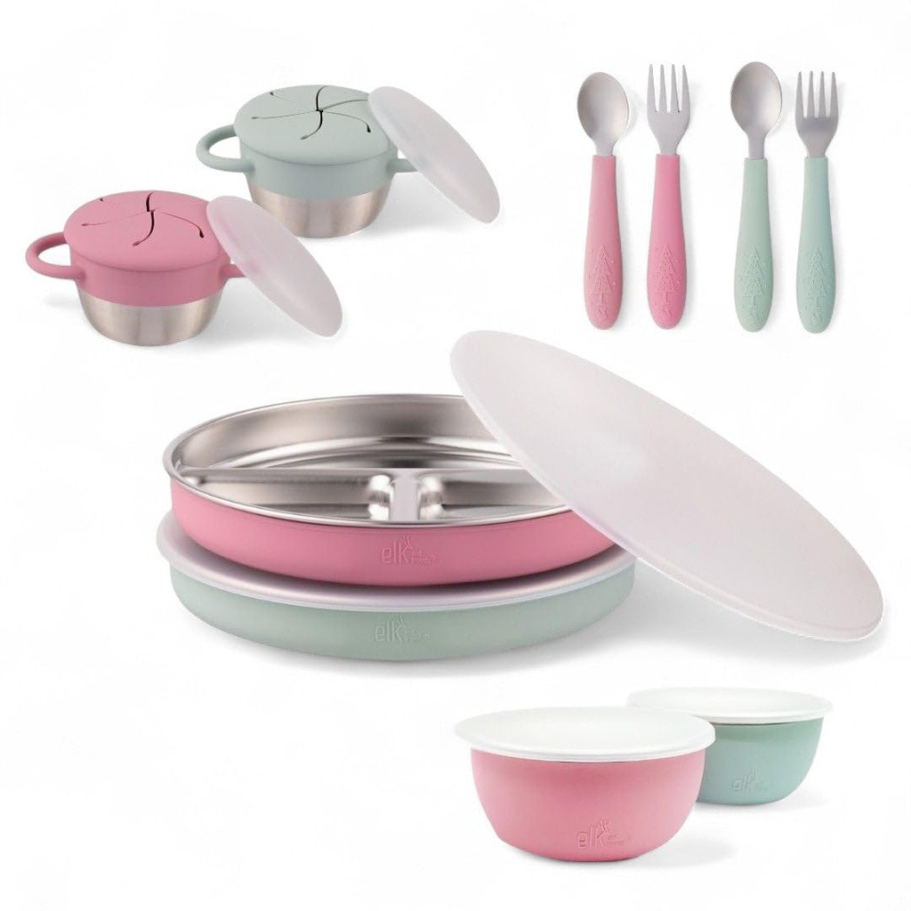 Elk and Friends Kids Stainless Steel Mealtime Bundle | Plates, Bowls, Snack Cups + Toddler