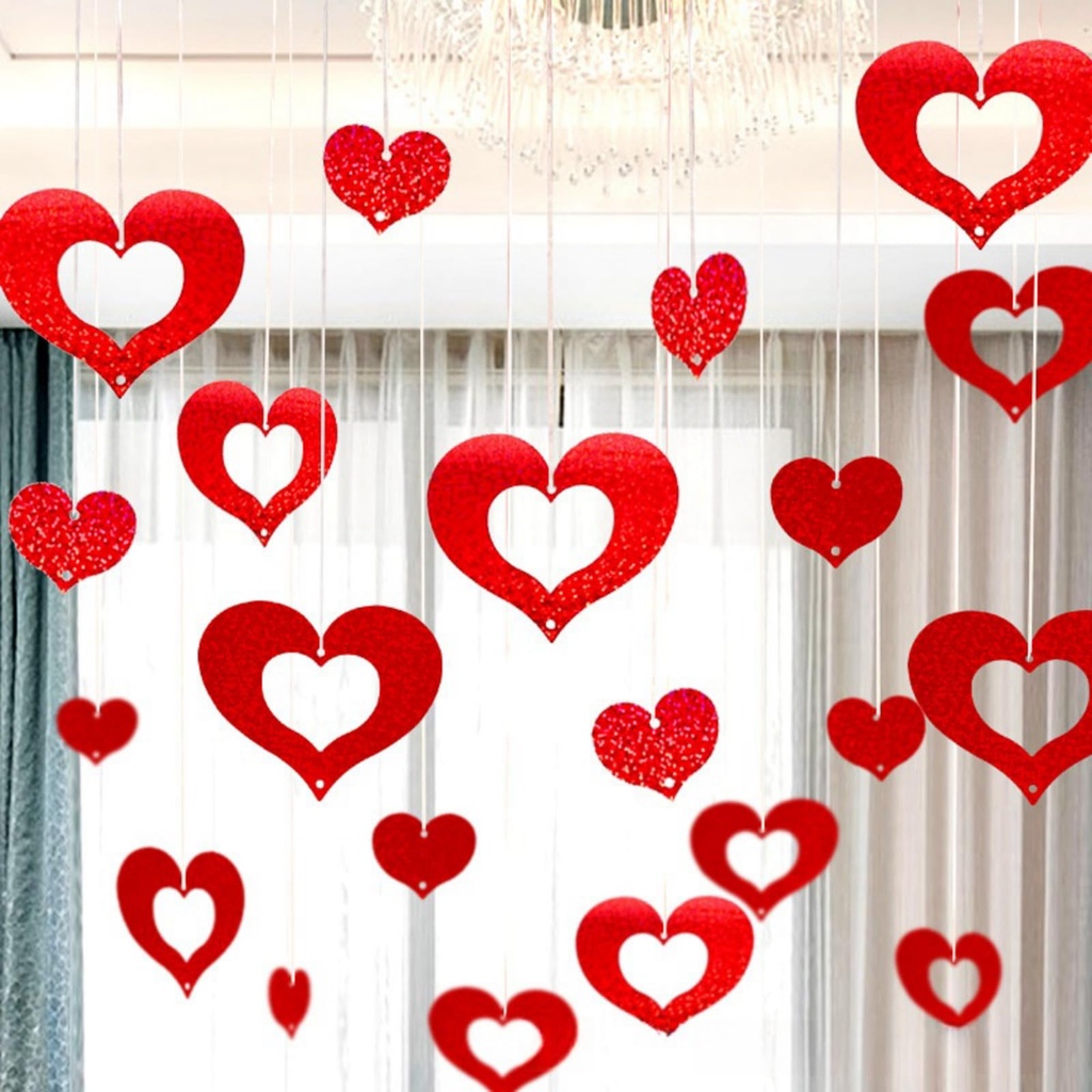 FFDASHUN Valentine's Day Decoration 100 Pcs Red Heart Laser Sequined Rain Romantic Heart 