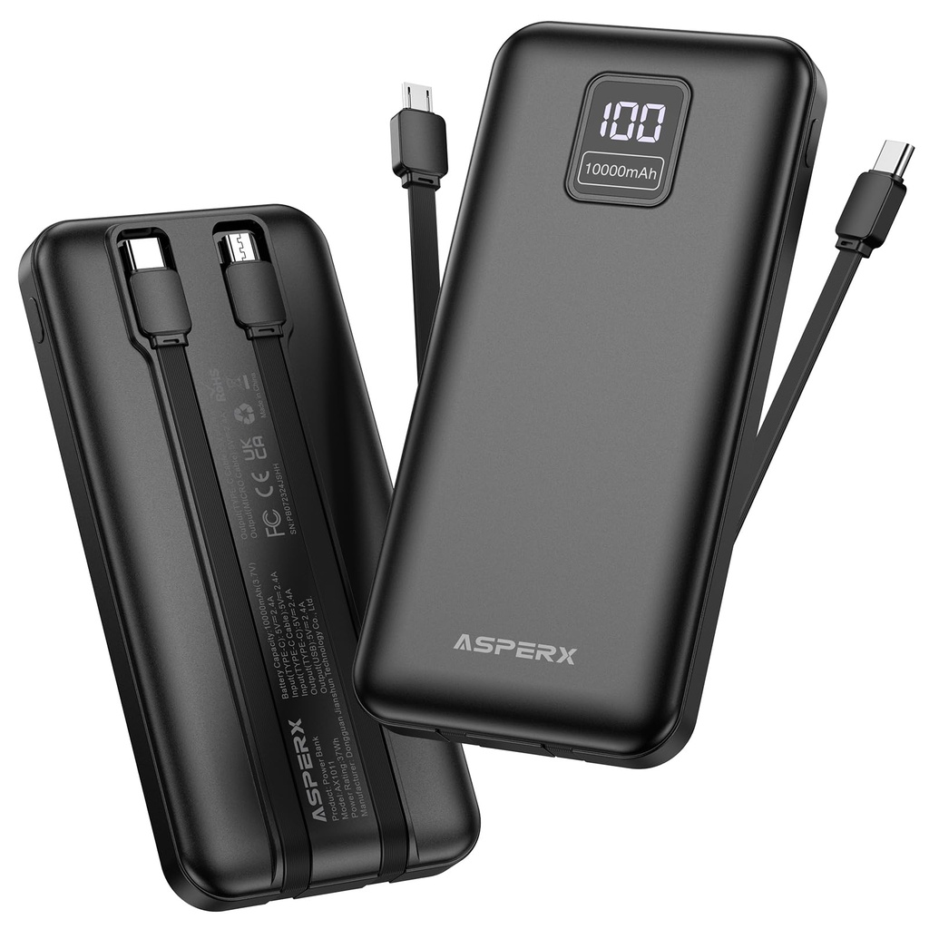 AsperX 2-Pack 10000mAh Power Bank Fast Charging, Portable Charger with Built in Cables USB