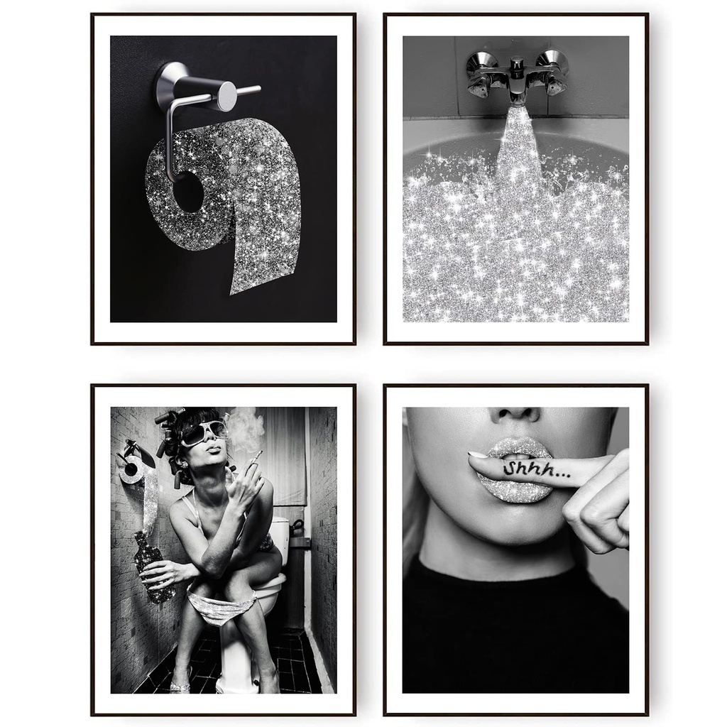 Bathroom Decor Wall Art Prints Glam Glitter Tissue Sliver Grey Funny Bathroom Toilet Paper