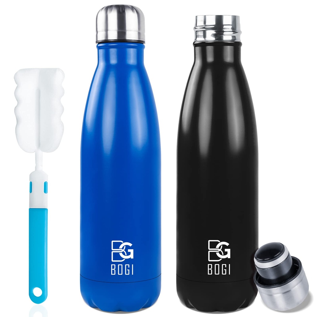 BOGI 2 Pack Insulated Water Bottle, 500ml Stainless Steel, Keeps Drink Hot & Cold, Leakproo