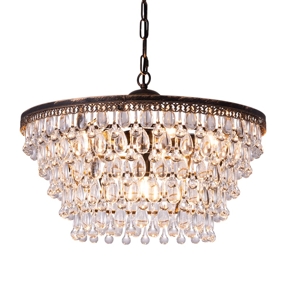 Wellmet Crystal Chandeliers, Hanging Antique Bronze 6 Lights 5 Tiers K9 Crystal Ceiling Pen