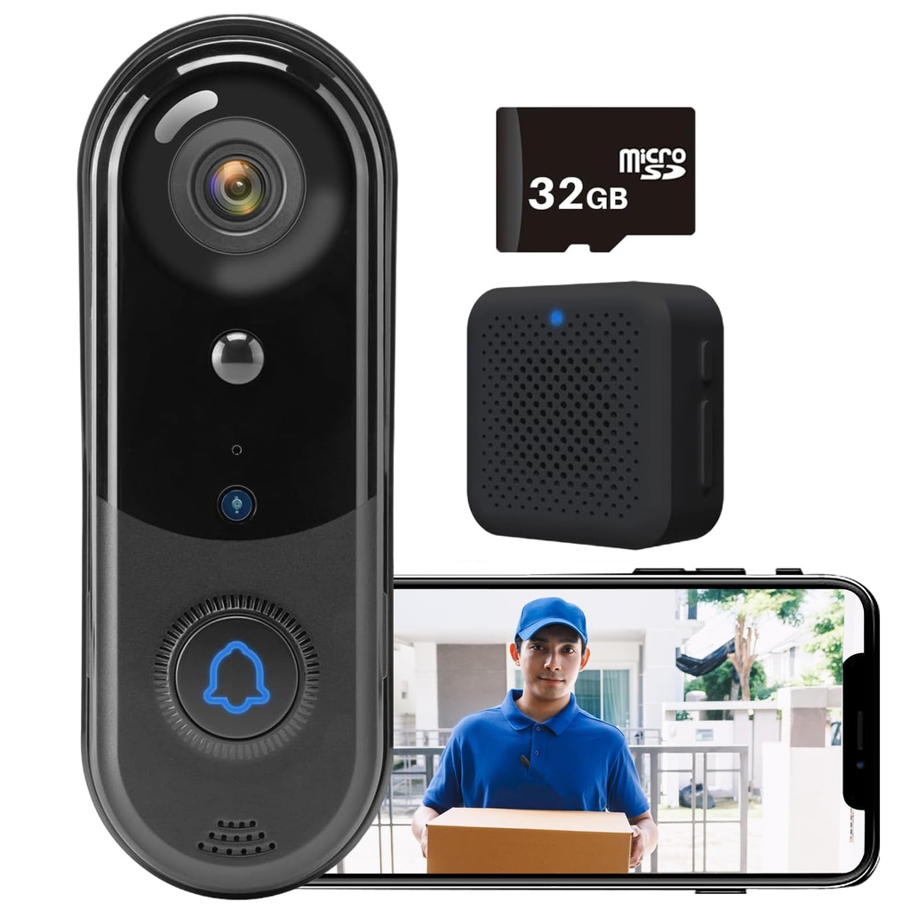 Kocusu Smart Doorbell Camera, 1080P HD Wireless Doorbell Camera with Chime,32G SD Card,Smar