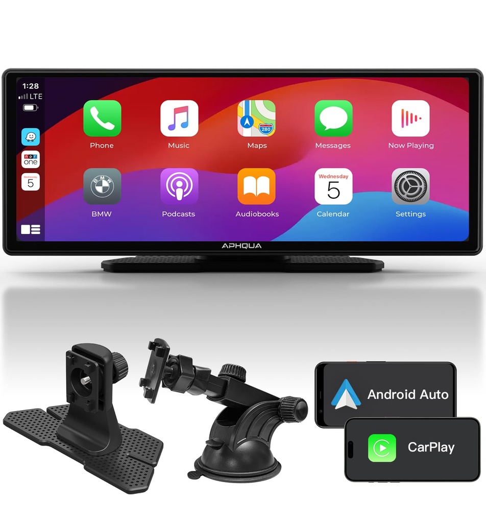 APHQUA Wireless CarPlay & Android Auto Car Stereo with 1080p Backup Camera, Portable 10.26'