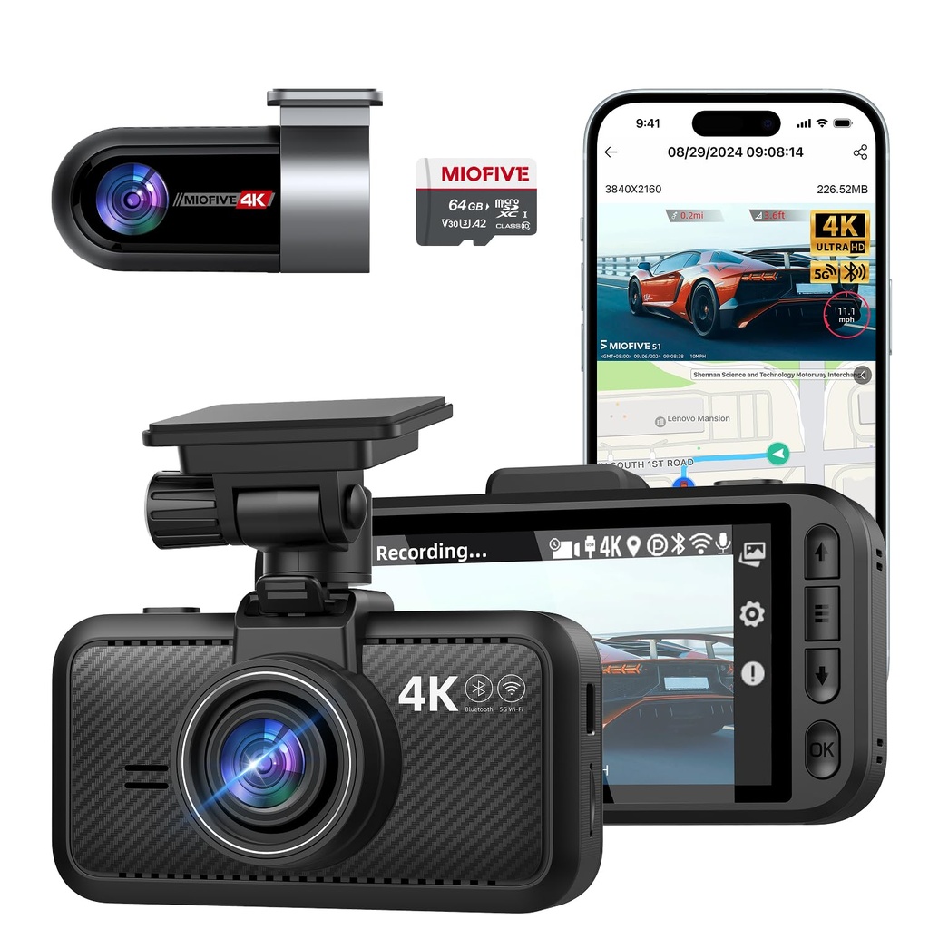 Miofive 4K Dash Cam Front and Rear, 5GHz Wi-Fi & GPS Dashcam with 64GB SD Card, Dual Car 