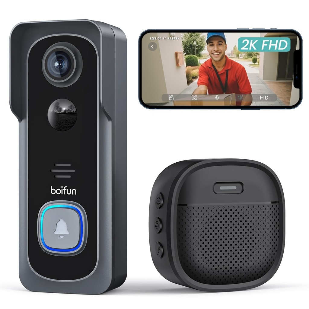BOIFUN 2K Video Doorbell Camera Wireless, No Monthly Fee, Motion Detection, Two-way Talk