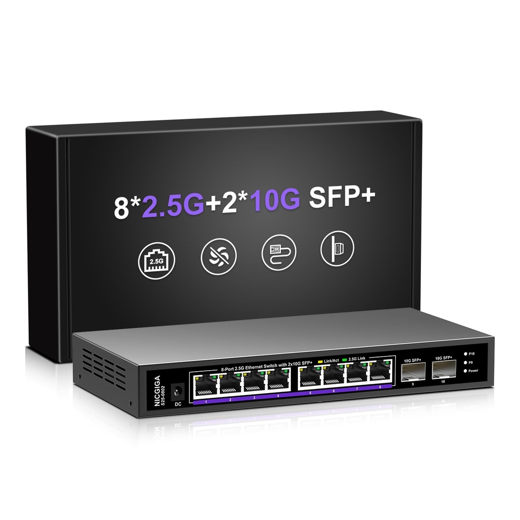 10 Port 2.5Gb Unmanaged Ethernet Switch with 8* 2.5G Base-T Ports + 2* 10G SFP+ Ports