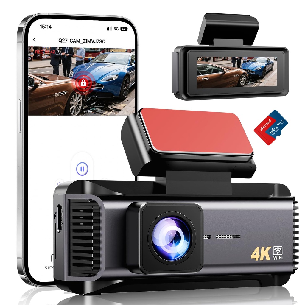 4K Dash Cam Front 2160P Car Dash Camera Built-in WiFi Includes 64GB SD Card 2.99 Inch Screen