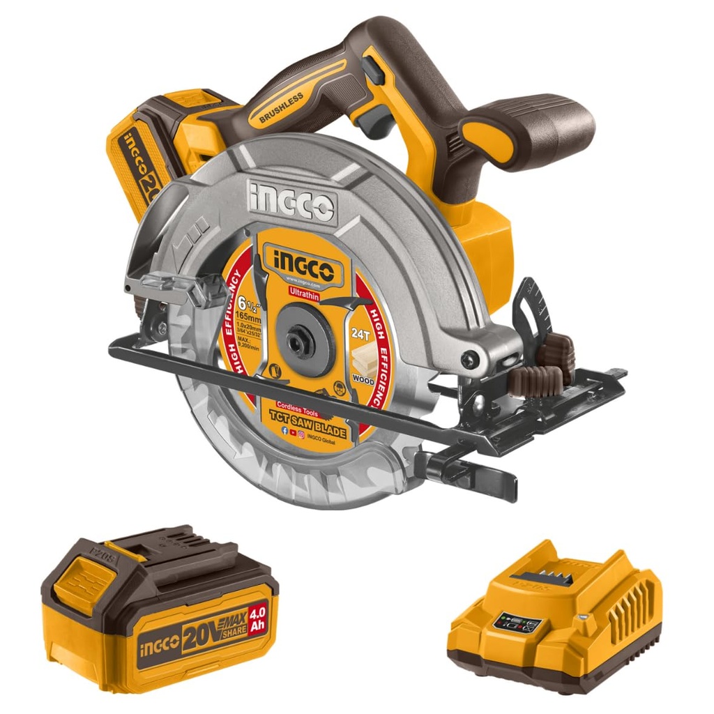 INGCO 20V Cordless Circular Saw 165mm with Brushless Motor 5200RPM Max. Cutting Depth 55mm