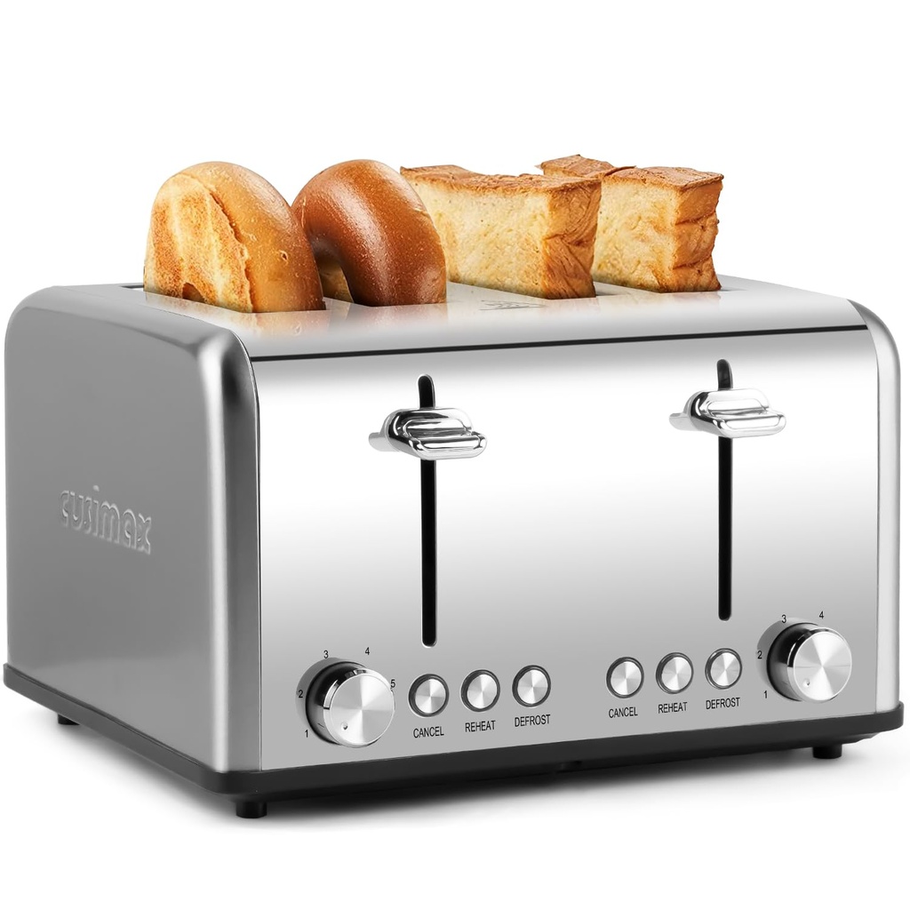 Cusimax 4 Slices Toaster, Stainless Steel Toaster with 4 Extra-Wide Bread Slots and 6 Varia