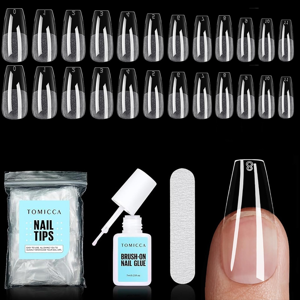 TOMICCA Medium Coffin Nail Tips - 240pcs Pre-Buffed Clear False Nails with Glue & File, 10