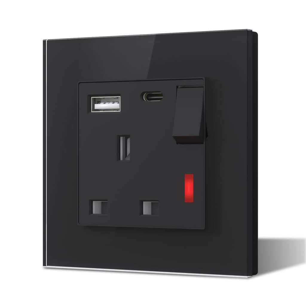 BSEED Single Plug Socket with USB C and USB A,Glass Switched Socket,UK Standard Electric P