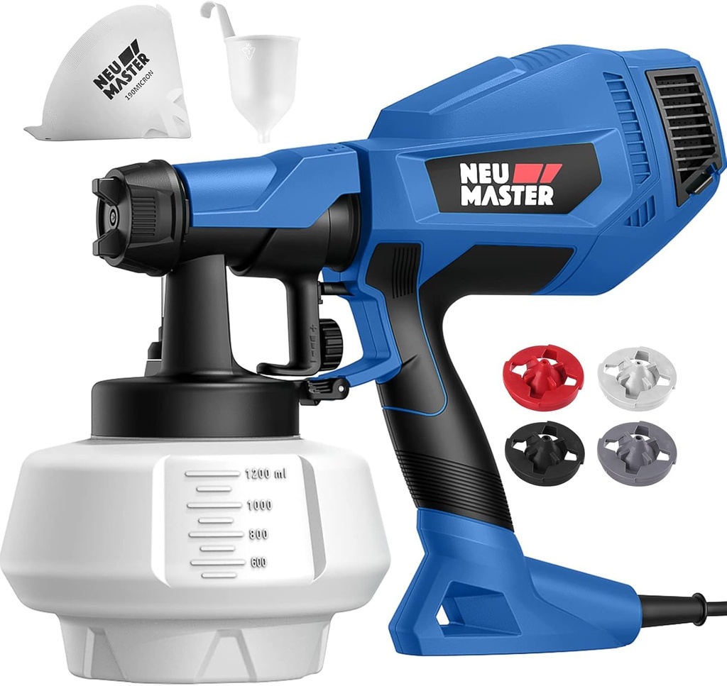 NEU MASTER Paint Sprayer, Blue Fence Paint Sprayer,[500W/1200ml/4 Nozzles/3 Patterns] HVLP