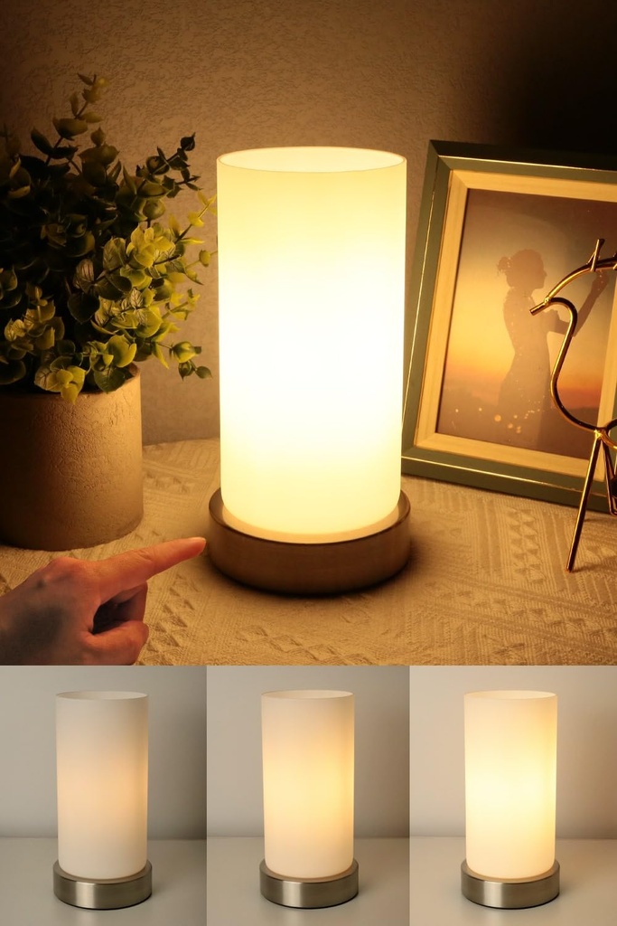 HSLighting Bedside Lamp Touch Control Night Light with Wooden Base Milky Glass Shade 3-Leve