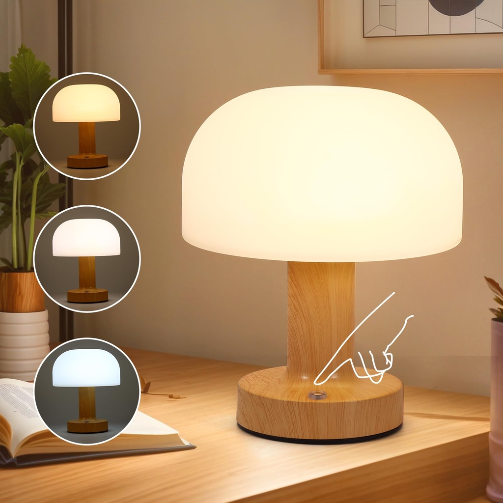 ZONJIE Mushroom Lamp Rechargeable, Cordless LED Table Lamps Dimmable Battery Operated Touch