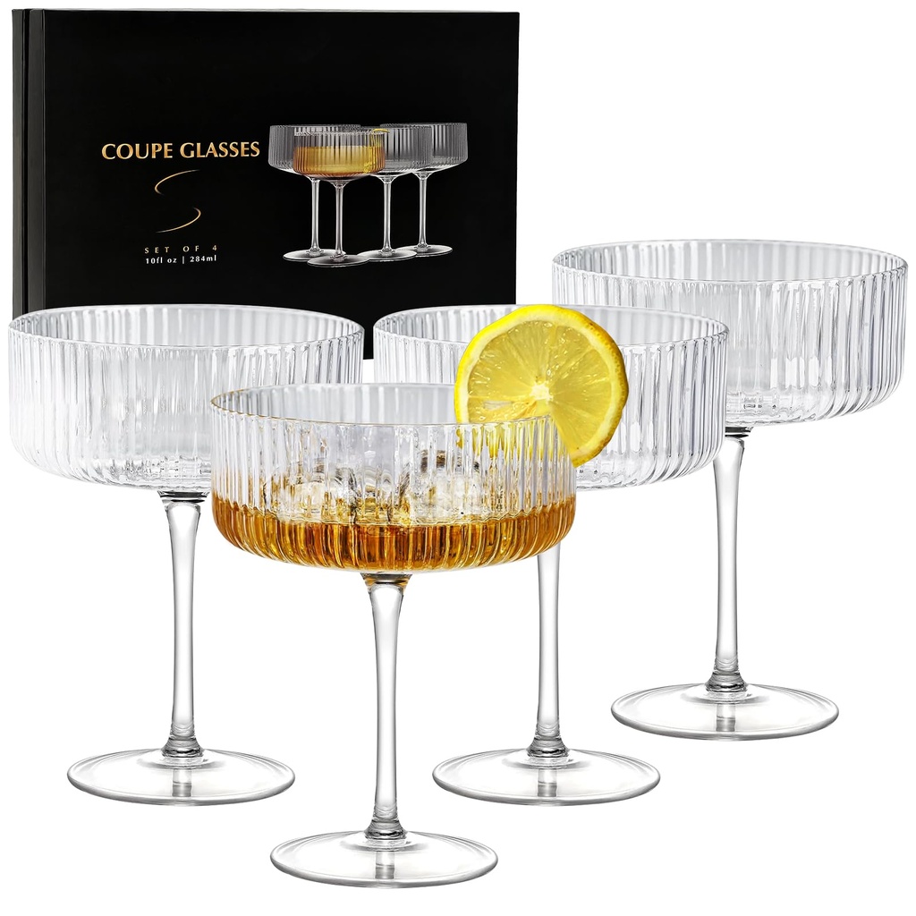 Evoio Martini Glasses Set of 4, Ribbed Coupe Glasses, 280ml Hand Blown Cocktail Glasses, Ba