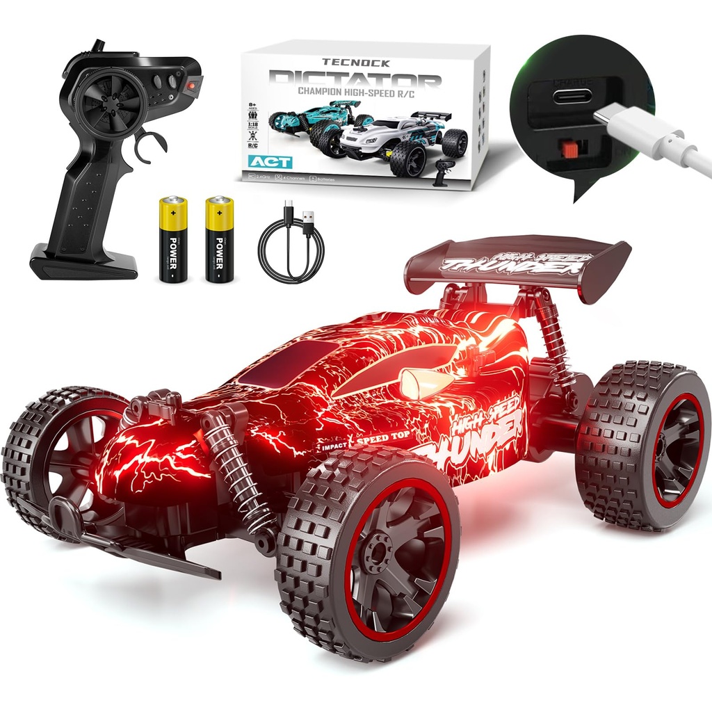 Tecnock Remote Control Cars for Kids, 1:18 Scale RC Racing Cars with LED Lights, 2.4GHz
