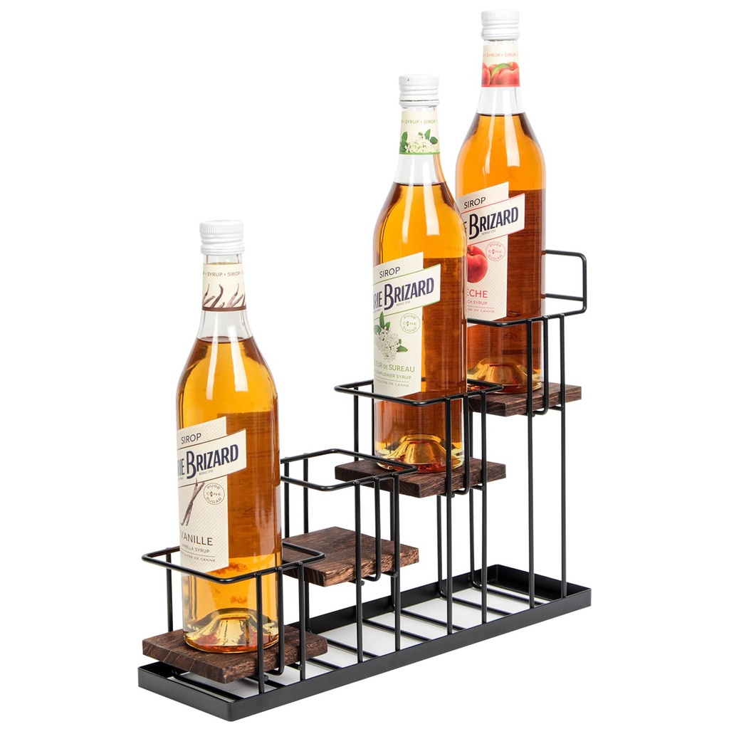 Coffee Syrup Organizer Rack, Rustic Wood and Metal Wire, 4-Tier Display Holder