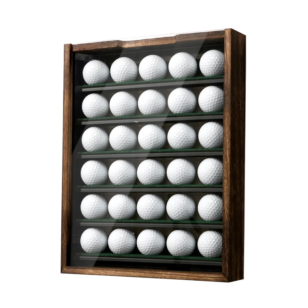 Golf Ball Display Case with 6 Sturdy Metal Shelves, Wooden Frame with Slide Acrylic Door