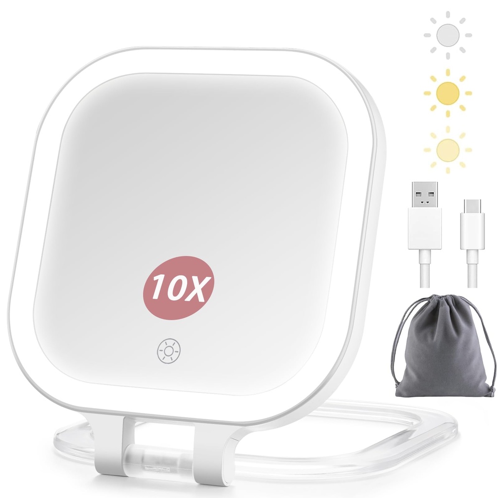 Rechargeable Travel Makeup Mirror with Light,1X/10X Double Sided Magnifying Mirror