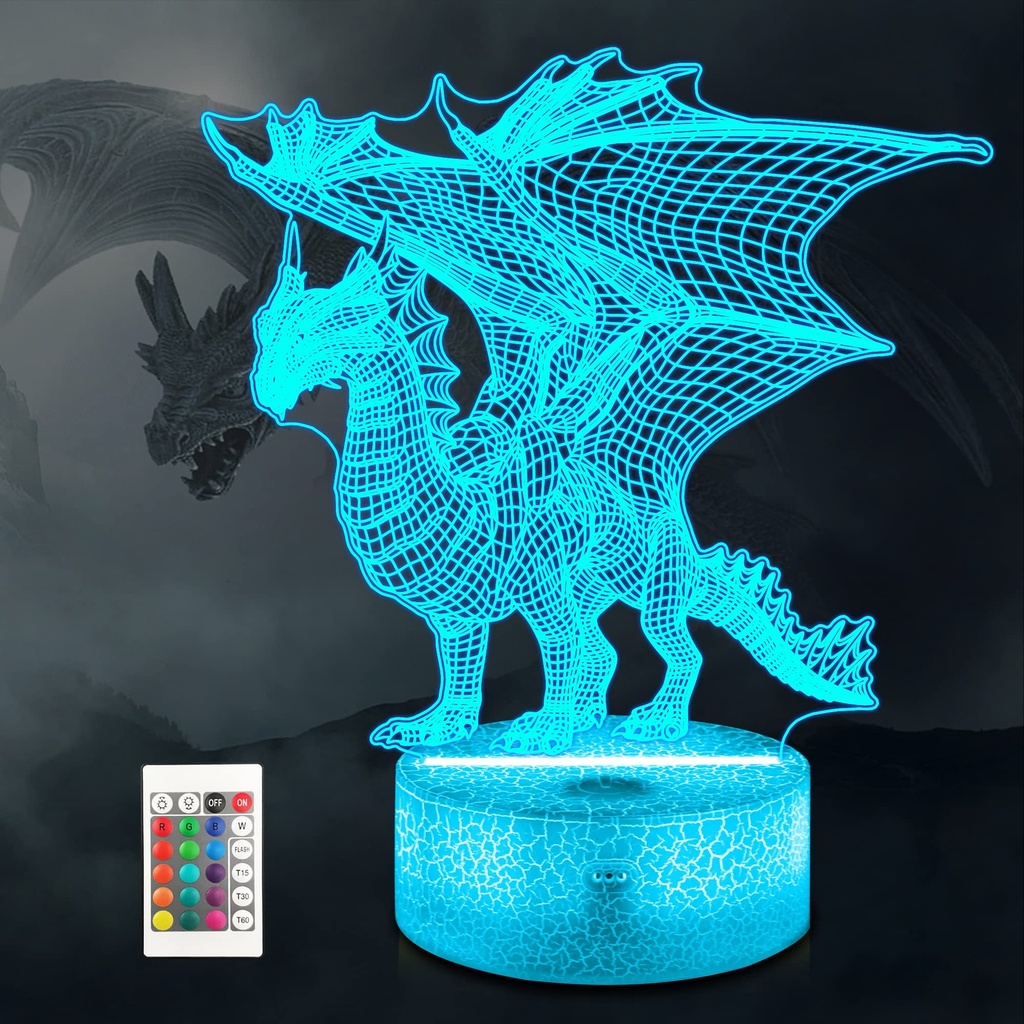 Dragon Lamp for Kids, Ammonite 3D Dragon Night Light,16 Colors with Remote Control Kids