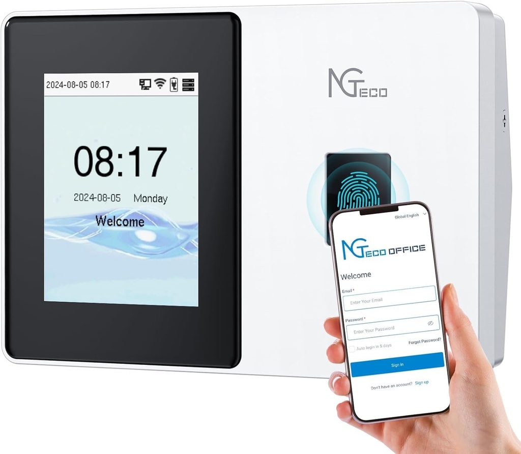 NGTeco TC2 Attendance Detector with Fingerprint & RFID, WiFi 2.4/5GHz, App and Cloud Free