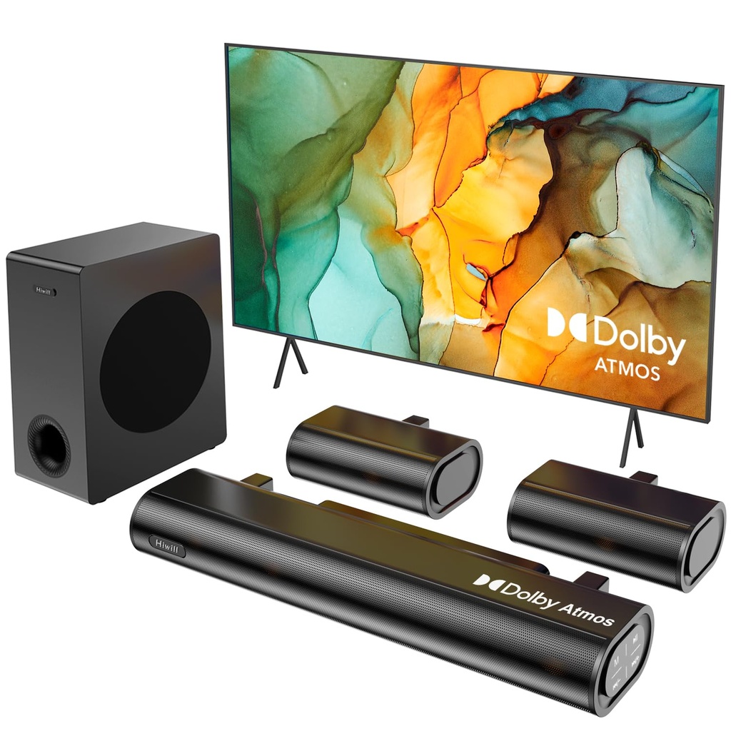 Hiwill 5.1CH Dolby Atmos Sound Bar for TV, 2 Wired Rear Speakers Surround Sound System