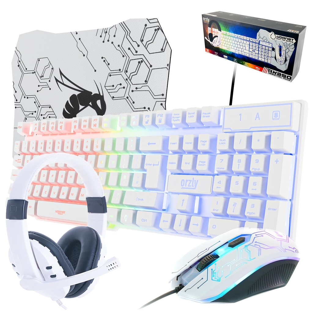 White Gaming Keyboard and Mouse and Gaming Headset & Mouse Pad, Wired LED RGB Backlight