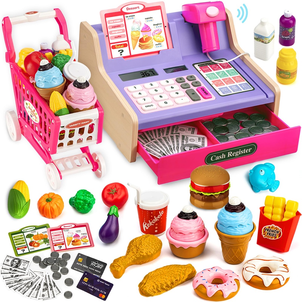 Wooden Toy Cash Register with Scanner Realistic for Kids, Pretend Play & Rich Accessories,