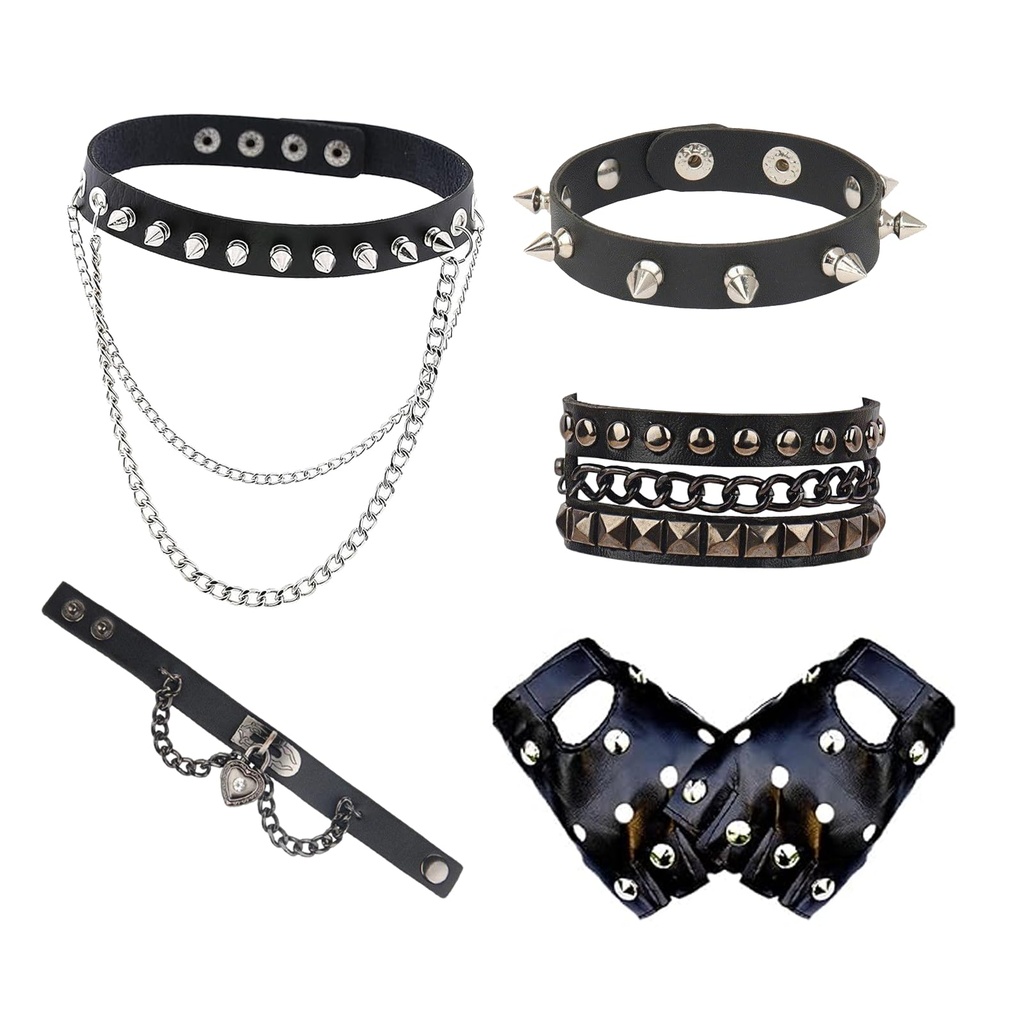 5 Pcs Emo Accessories Set, Goth Choker & Studded Bracelet with Punk Fingerless Leather Glov