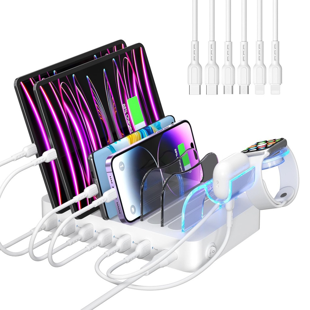 SooPii USB Charging Station Organizer for Multiple Devices, 6 Ports 50W Charging Dock With