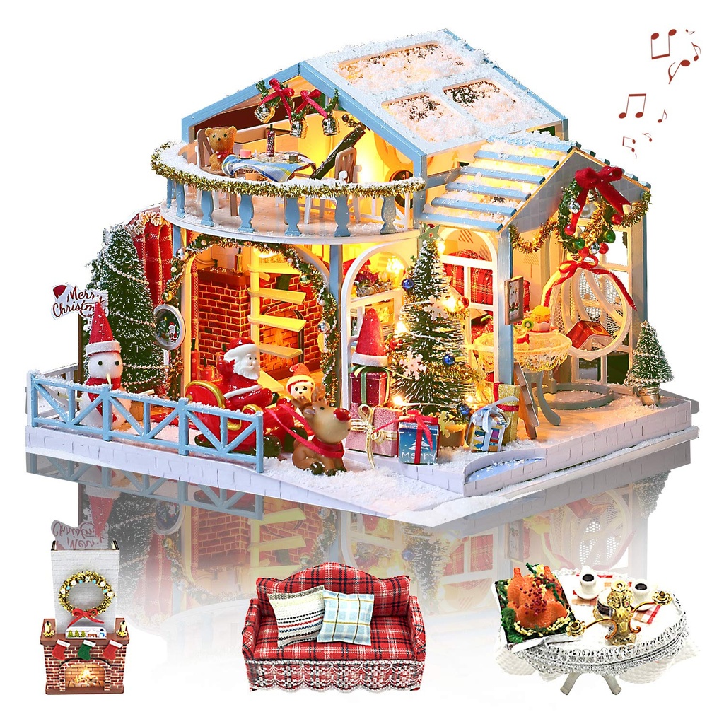 GuDoQi DIY Miniature House Kit with Music, Wooden Dollhouse with LED Light, Mini House Mode
