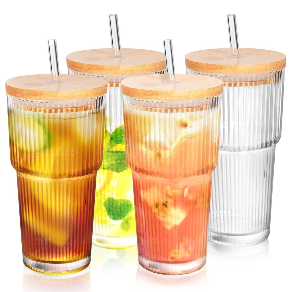 YupURStyle 20oz/600ml Glass Tumbler with Lid and Straw, Elegant Textured Drinking Glasses 