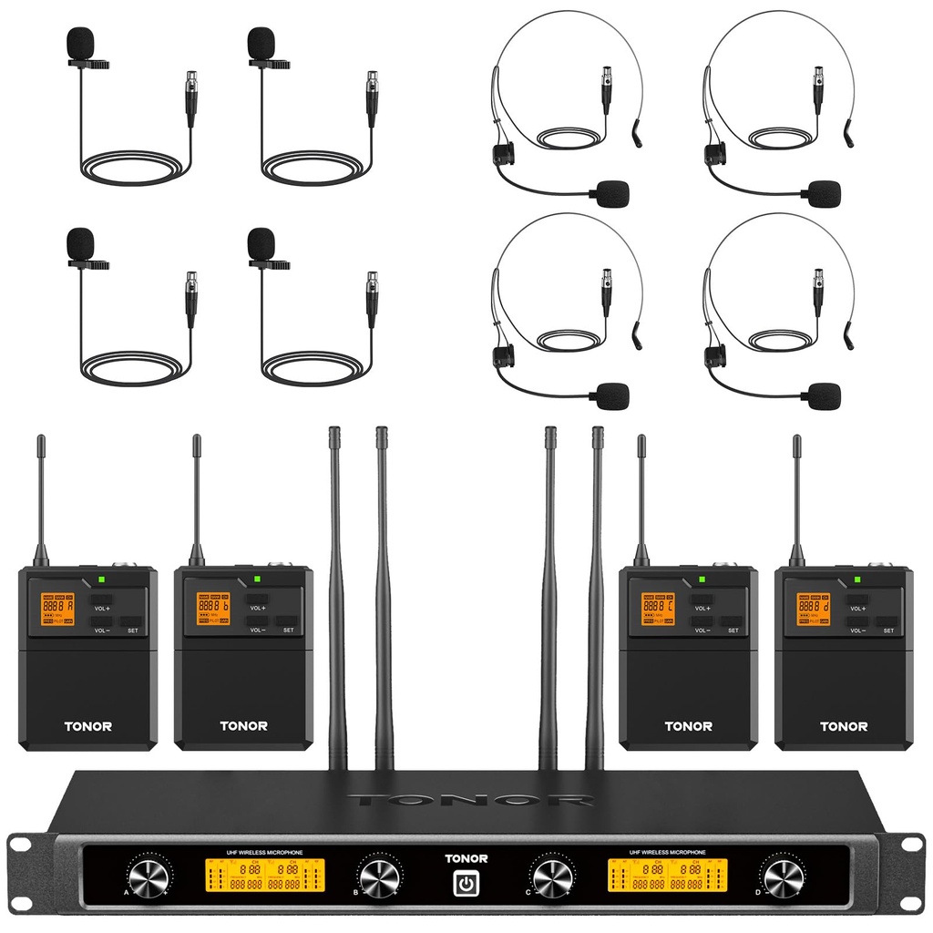 TONOR UHF Wireless Microphone System with Dual Headset/Lavalier Lapel Mics, Bodypack Transm